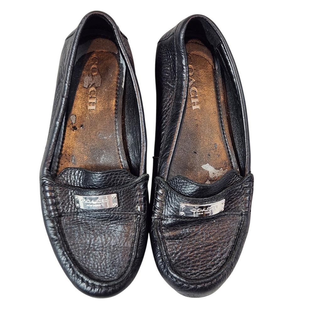 Coach Loafers Womens 7B Black Fair G2229 Pebbled Leather Driving Flats Logo